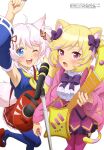  2girls ;o absurdres animal_ears bangs blonde_hair bow bowtie cat_ears copyright_name eyebrows_visible_through_hair fang flip-flops grey_hair guitar hair_bow highres howan_(show_by_rock!!) instrument kitsune leg_up mashima_himeko_(show_by_rock!!) megami_magazine microphone multiple_girls music official_art one_eye_closed pink_legwear playing_instrument plectrum red_footwear sandals scan show_by_rock!! singing soramotokan tail thigh-highs 