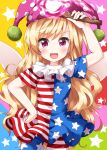  1girl :d american_flag_dress american_flag_legwear bangs blonde_hair clownpiece cowboy_shot dress eyebrows_visible_through_hair hand_on_hip hat highres holding holding_torch jester_cap long_hair looking_at_viewer multicolored multicolored_background neck_ruff open_mouth pink_eyes pink_headwear polka_dot_headwear ruu_(tksymkw) short_sleeves smile solo standing star_(symbol) star_print starry_background striped striped_dress striped_legwear torch touhou v-shaped_eyebrows 