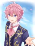  1boy :d ahoge ascot bangs black_jacket black_vest blue_eyes commentary_request day eyebrows_visible_through_hair hair_between_eyes hand_up jacket long_sleeves male_focus open_clothes open_jacket open_mouth petals pink_hair pink_neckwear satomi_(niconico) shirt smile solo strawberry_prince sunameri_(pixiv3564245) upper_body vest white_shirt 