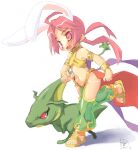  1girl ahoge amasa_mitsunaru animal_ears anklet bangs blush cape commentary_request dancer_(ragnarok_online) dragon eyebrows_visible_through_hair full_body green_pants halter_top halterneck harem_pants jewelry long_hair navel open_mouth panties pants petite_(ragnarok_online) pink_eyes pink_hair rabbit_ears ragnarok_online red_cape red_eyes running sandals simple_background twintails underwear waist_cape white_background white_panties 