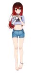  anklet bare_hips bare_legs bare_shoulders barefoot choker epic_fail_project epica-chan erica_naito game_console highres jewelry mechanical_arms mechanical_parts original playing_games redhead shirt single_mechanical_arm t-shirt toes 