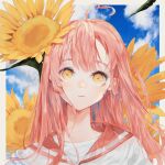  1girl ahoge bangs blue_sky clouds cloudy_sky day expressionless flower highres leaf long_hair looking_at_viewer mile_(mil2) original pink_hair pink_sailor_collar portrait sailor_collar shadow shirt sky solo white_shirt yellow_eyes yellow_flower 