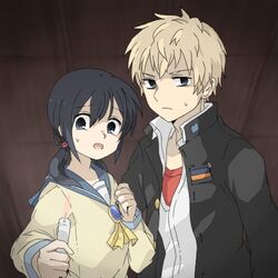  1boy 1girl black_hair blonde_hair blue_eyes candle corpse_party gakuran itukik kishinuma_yoshiki long_hair lowres neckerchief sailor_collar school_uniform serafuku shinozaki_ayumi short_hair twintails 