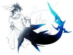  1boy blue_skin blue_theme bracelet colored_skin fish_boy full_body gills grin hands_up highres horns jewelry male_focus merman monochrome monster_boy navel necklace original pigeon666 pointy_ears shark_boy sharp_teeth signature smile solo teeth white_background 