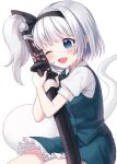  1girl :d bangs black_hairband black_neckwear blue_eyes collared_shirt eyebrows_visible_through_hair green_skirt green_vest hairband holding holding_sword holding_weapon konpaku_youmu konpaku_youmu_(ghost) multiple_swords one_eye_closed open_mouth sheath sheathed shirt short_hair short_sleeves silver_hair simple_background sitting skirt smile solo suzuno_naru sword touhou vest weapon white_background white_shirt 