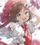  1girl :d absurdres arm_up bangs blurry blurry_background blush bow bowtie brown_hair cardcaptor_sakura depth_of_field flower green_eyes hat highres kinomoto_sakura looking_at_viewer open_mouth petals pink_flower pink_headwear pomu puffy_short_sleeves puffy_sleeves red_bow red_neckwear short_hair short_sleeves signature smile solo upper_body upper_teeth white_bow wrist_cuffs 