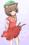 1girl ;d absurdres animal_ear_fluff animal_ears arms_behind_back bow bowtie brown_eyes brown_hair cat_ears cat_tail chen dress feet_out_of_frame ginnkei gold_trim grey_background hat highres jewelry mob_cap multiple_tails nekomata one_eye_closed open_mouth red_dress short_hair simple_background single_earring smile solo tail touhou two_tails yellow_neckwear 