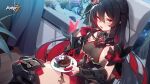  1girl blush bug butterfly cake curtains dish fish fish_tank food fork gauntlets gloves half_gloves highres honkai_(series) honkai_impact_3rd insect leggings long_hair looking_at_viewer multicolored_hair red_eyes red_gloves seele_vollerei seele_vollerei_(starchasm_nyx) two-tone_hair 