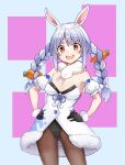  1girl :d animal_ear_fluff animal_ears arm_cuffs armpits ass_visible_through_thighs bangs bare_shoulders black_gloves black_legwear black_leotard blue_hair bow braid breasts carrot carrot_hair_ornament clothing_cutout coat commentary cowboy_shot detached_sleeves don-chan_(usada_pekora) food-themed_hair_ornament fur-trimmed_gloves fur_scarf fur_trim furrowed_brow gloves hair_bow hair_ornament hands_on_hips highres hikimayu hololive hololive_fantasy leotard leotard_under_clothes light_blush long_hair medium_breasts mm_(mm_chair) multicolored_hair open_mouth orange_eyes pantyhose pink_background puffy_short_sleeves puffy_sleeves rabbit_ears rabbit_girl short_eyebrows short_sleeves smile solo standing strapless strapless_coat strapless_leotard thick_eyebrows thigh_gap twin_braids two-tone_hair underboob_cutout upper_teeth usada_pekora virtual_youtuber white_background white_bow white_coat white_hair white_sleeves 