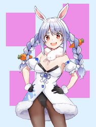  1girl :d animal_ear_fluff animal_ears arm_cuffs armpits ass_visible_through_thighs bangs bare_shoulders black_gloves black_legwear black_leotard blue_hair bow braid breasts carrot carrot_hair_ornament clothing_cutout coat commentary cowboy_shot detached_sleeves don-chan_(usada_pekora) food-themed_hair_ornament fur-trimmed_gloves fur_scarf fur_trim furrowed_brow gloves hair_bow hair_ornament hands_on_hips highres hikimayu hololive hololive_fantasy leotard leotard_under_clothes light_blush long_hair medium_breasts mm_(mm_chair) multicolored_hair open_mouth orange_eyes pantyhose pink_background puffy_short_sleeves puffy_sleeves rabbit_ears rabbit_girl short_eyebrows short_sleeves smile solo standing strapless strapless_coat strapless_leotard thick_eyebrows thigh_gap twin_braids two-tone_hair underboob_cutout upper_teeth usada_pekora virtual_youtuber white_background white_bow white_coat white_hair white_sleeves 