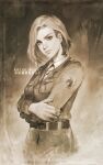  1girl breasts crossed_arms doodle highres hitch_dreyse lips medium_hair military military_uniform monochrome nate_artuz paradis_military_uniform sepia shingeki_no_kyojin solo uniform 