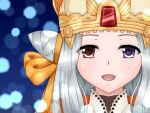  1girl aoi_hito blush brown_dress commentary_request crown dress eyebrows_visible_through_hair face gem hair_cones highres layered_dress long_hair looking_at_viewer open_mouth pope_(ragnarok_online) ragnarok_online red_eyes smile solo violet_eyes white_dress white_hair 
