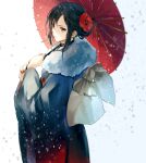  1girl bangs black_hair fate/grand_order fate_(series) flower furisode hair_flower hair_ornament highres holding holding_umbrella hoshi_rasuku japanese_clothes kimono looking_at_viewer nail_polish red_eyes ribbon snowing solo standing umbrella winter winter_clothes yu_mei-ren_(fate) 