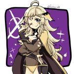  1girl ahoge bangs blonde_hair bodystocking breasts cape circlet closed_mouth cute fire_emblem fire_emblem_14 fire_emblem_fate_conquest fire_emblem_fates fire_emblem_if grey_eyes intelligent_systems lips long_hair looking_at_viewer medium_breasts moe nintendo one_eye_closed ophelia_(fire_emblem) purple_background smile super_smash_bros. upper_body yukia_(firstaid0) 