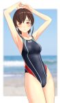  1girl absurdres arms_up black_swimsuit blue_sky blurry breasts brown_hair clothes_writing clouds competition_swimsuit cowboy_shot day depth_of_field highres horizon kantai_collection long_hair looking_at_viewer low_ponytail multicolored multicolored_clothes multicolored_swimsuit ocean one-piece_swimsuit orange_eyes outdoors parted_lips sky small_breasts solo souya_(kancolle) swimsuit takafumi waves 