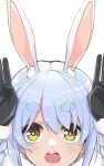  1girl :o animal_ears black_gloves blue_hair braid bunny-shaped_pupils eyebrows_visible_through_hair face fur-trimmed_gloves fur_scarf fur_trim gloves highres hololive open_mouth panyatteria rabbit_ears rabbit_girl solo thick_eyebrows twin_braids usada_pekora virtual_youtuber 