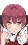  1girl face gloves heterochromia highres hololive houshou_marine index_finger_raised panyatteria portrait red_eyes redhead solo tongue tongue_out twintails virtual_youtuber w white_gloves yellow_eyes 
