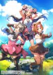  3girls animal_ears bare_shoulders bear_ears bear_girl bergman&#039;s_bear_(kemono_friends) bike_shorts black_neckwear black_skirt blush bow bowtie brown_eyes brown_fur brown_gloves brown_hair brown_legwear brown_neckwear brown_skirt center_frills collared_shirt commentary_request eyebrows_visible_through_hair ezo_brown_bear_(kemono_friends) fingerless_gloves frilled_skirt frills fur_bracelet fur_trim gloves grey_hair hasumikaoru headband high-waist_skirt kemono_friends kemono_friends_3 kodiak_bear_(kemono_friends) long_hair midair multicolored_hair multiple_girls necktie official_art open_clothes open_vest pink_headband pink_skirt pink_vest pleated_skirt pose shirt short_hair short_sleeves short_twintails shorts shorts_under_skirt skirt sleeveless suspender_skirt suspenders thigh-highs translation_request twintails two-tone_hair vest white_hair white_shirt zettai_ryouiki 