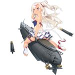  1girl :q archerfish_(azur_lane) azur_lane blonde_hair blush from_behind gun hair_ornament handgun highres kani_biimu licking_lips long_hair looking_at_viewer looking_back official_art one-piece_tan riding rigging rudder_footwear smile solo submarine tail tan tanline tongue tongue_out torpedo transparent_background violet_eyes watercraft weapon 