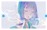  1girl aqua_sweater blue_scarf border bug butterfly circle closed_eyes commentary covered_mouth english_commentary grey_background head_scarf insect original purple_hair scarf short_hair sleepless_(wrysmile) smoke solo upper_body white_border white_butterfly white_scarf 