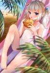  1girl absurdres bangs bare_legs bare_shoulders barefoot beach blue_eyes blurry blurry_foreground blush bread breasts collarbone commentary depth_of_field eating feet food hair_ornament highres holding holding_food long_hair looking_at_viewer melon_bread minertime one-piece_swimsuit open_mouth original small_breasts solo swimsuit twintails water wet white_hair white_swimsuit 