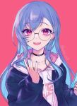  1girl black_choker blue_hair blue_nails choker denim denim_jacket ear_piercing fang glasses hood hoodie long_hair looking_at_viewer nail_polish nemui_iro7 nijisanji nishizono_chigusa piercing pink_background pink_eyes round_eyewear sidelocks simple_background solo virtual_youtuber white_hoodie 