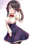  1girl bangs black_hair blue_eyes blue_skirt blush bow breasts commentary_request cowboy_shot eyebrows_visible_through_hair frilled_shirt_collar frilled_skirt frills hair_ribbon hand_up high-waist_skirt highres holding holding_hair hololive large_breasts long_hair long_sleeves looking_at_viewer oozora_subaru pantyhose red_bow red_ribbon ribbon shirt skirt solo standing twintails virtual_youtuber white_background white_shirt yuano 