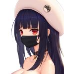  1girl abeen_jhong bangs bare_shoulders black_choker black_hair blunt_bangs breasts choker collarbone covered_mouth eyebrows_visible_through_hair face highres large_breasts long_hair looking_at_viewer mask mouth_mask orange_eyes original red_eyes simple_background solo strapless surgical_mask white_background white_headwear 