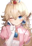  1girl ;) blonde_hair blue_eyes crown gloves highres index_finger_raised long_hair looking_at_viewer super_mario_bros. one_eye_closed princess_peach ryota_(ry_o_ta) simple_background smile upper_body white_background white_gloves 