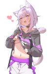  1girl absurdres ahoge animal_ears black_collar black_hoodie blush breasts cat_ears cat_girl cat_tail chamaru5963 collar heart highres holding holding_clothes hololive hood hoodie long_sleeves looking_at_viewer medium_breasts midriff navel nekomata_okayu open_mouth purple_hair short_hair tail violet_eyes virtual_youtuber 