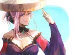  1girl bangs braid breasts collarbone fate/grand_order fate_(series) hand_up hat hoshi_rasuku japanese_clothes jewelry kimono miyamoto_musashi_(fate) necklace pink_hair simple_background smile solo upper_body violet_eyes 