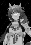  1girl bandaid bandaid_on_nose black_background greyscale hand_on_hip highres long_hair midriff monochrome narita_brian_(umamusume) ponytail rain sarashi shikushiku_(amamori_weekly) umamusume 