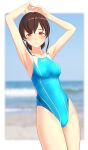  1girl absurdres arms_up blue_sky blue_swimsuit blurry breasts brown_hair clothes_writing clouds competition_swimsuit cowboy_shot day depth_of_field highres horizon kantai_collection long_hair looking_at_viewer low_ponytail multicolored multicolored_clothes multicolored_swimsuit ocean one-piece_swimsuit orange_eyes outdoors parted_lips sky small_breasts solo souya_(kancolle) swimsuit takafumi waves 