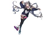  1girl :d azur_lane bare_shoulders baseball_bat black_legwear blue_jacket bow bright_pupils covered_navel dress floating_hair full_body grey_hair hair_bow hair_horns head_tilt highres holding jacket long_hair long_sleeves looking_at_viewer multicolored_hair off_shoulder official_art open_clothes open_jacket open_mouth outstretched_arms pink_eyes san_francisco_(azur_lane) shoes single_leg_pantyhose single_thighhigh sleeveless sleeveless_dress smile solo streaked_hair thigh-highs thigh_strap transparent_background twintails very_long_hair white_dress white_footwear 