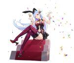  1girl animal_ears azur_lane bare_shoulders black_footwear black_hair blue_eyes blue_hair bow bowtie breasts clothing_cutout cocktail_glass cup detached_collar drinking_glass fake_animal_ears from_below full_body high_heels highres holding holding_cup leotard long_hair looking_at_viewer manjuu_(azur_lane) navel_cutout official_alternate_costume official_art one_eye_closed playboy_bunny purple_legwear rabbit_ears red_legwear red_neckwear shoes sitting solo strapless strapless_leotard striped striped_legwear thigh-highs ticonderoga_(azur_lane) ticonderoga_(show_stopper!)_(azur_lane) tomohiro_kai transparent_background two-tone_legwear very_long_hair wrist_cuffs 