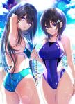  2girls black_hair blue_eyes blue_sky blue_swimsuit breasts clouds commentary_request competition_swimsuit cowboy_shot day hair_ornament hairclip highres holding_hands large_breasts long_hair looking_at_viewer medium_breasts multiple_girls one-piece_swimsuit original outdoors red_eyes short_hair sky standing swimsuit tsurugi_hikaru wet wet_clothes wet_swimsuit 