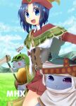  &gt;_&lt; 1girl :3 bangs blue_eyes blue_hair blue_sky blush character_request closed_mouth clouds commentary_request cowboy_shot dated day eyebrows_visible_through_hair furry grass guildmarm_(monster_hunter) hair_between_eyes hat_feather heterochromia kanagi_tsumugi looking_at_viewer monster_hunter_(series) monster_hunter_x open_mouth outdoors red_headwear red_skirt shirt short_hair skirt sky smile white_shirt 