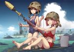  2girls bikini black_hair blue_sky blue_swimsuit bob_cut breasts bucket casual_one-piece_swimsuit clip_(weapon) clouds covered_navel day erica_(naze1940) gun helmet highres holding holding_gun holding_weapon large_breasts medium_breasts multiple_girls navel one-piece_swimsuit original outdoors pink_hair red_bikini red_eyes rifle short_hair sky swimsuit weapon 
