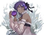  1girl absurdres apple bangs bare_shoulders dark-skinned_female dark_skin fate/grand_order fate/prototype fate_(series) flower food fruit hair_flower hair_ornament hair_ribbon hassan_of_serenity_(fate) highres hoshi_rasuku looking_at_viewer lying purple_hair ribbon short_hair skirt solo upper_body violet_eyes 