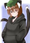  1girl animal_ear_fluff animal_ears black_hoodie brown_eyes brown_hair cat_ears cat_tail chen grey_background hair_between_eyes hands_in_pockets hat highres hood hoodie light_blush light_smile looking_at_viewer mob_cap multiple_tails nekomata short_hair simple_background solo sunaguma tail touhou two_tails 