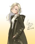  1girl alternate_costume artist_logo blonde_hair coat commentary_request cowboy_shot dated gradient gradient_background grey_coat grey_eyes hand_in_pocket highres hornet_(kancolle) kantai_collection ld_(luna_dial398) long_hair looking_at_viewer one-hour_drawing_challenge solo sweater white_background white_sweater yellow_background 