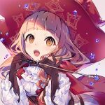  1girl bangs black_gloves blonde_hair blunt_bangs cape elbow_gloves eyebrows_visible_through_hair fangs frilled_sleeves frills gloves grey_background hair_ribbon hat holding holding_wand kina_(446964) little_red_riding_hood_(sinoalice) long_hair looking_at_viewer open_mouth orange_eyes ribbon sidelocks simple_background sinoalice solo wand wavy_hair witch_hat 