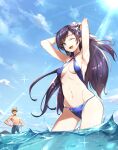  1boy 1girl ;d armpits arms_behind_head arms_up ass_visible_through_thighs bare_arms bare_shoulders bikini blue_bikini blue_eyes blue_sky breasts contrapposto counter_side criss-cross_halter ddolggol groin hair_ribbon halterneck highres long_hair looking_at_viewer medium_breasts navel one_eye_closed open_mouth outdoors purple_hair rainbow ribbon rosaria_(counter_side) sidelocks sky smile standing stomach string_bikini sun sunlight swimsuit thighs very_long_hair wading water wet 