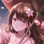  1girl bangs blush brown_hair cherry_blossoms flower hair_flower hair_ornament highres japanese_clothes kimono long_hair looking_at_viewer oil-paper_umbrella original petals red_eyes sarin_(seoling) smile straight_hair umbrella yozakura_(senran_kagura) 