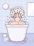  1girl bathing bathtub claw_foot_bathtub flower highres hoppe_illust indoors mirror original petals pink_flower solo tile_wall tiles upper_body water 