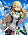  1girl aegis_sword_(xenoblade) angry bangs bare_shoulders black_legwear blonde_hair breasts chest_jewel datcravat day dress elbow_gloves gloves highres holding holding_sword holding_weapon large_breasts long_hair looking_at_viewer mythra_(massive_melee)_(xenoblade) mythra_(xenoblade) short_dress sky solo super_smash_bros. swept_bangs sword thigh_strap tiara very_long_hair weapon white_dress white_gloves xenoblade_chronicles_(series) xenoblade_chronicles_2 yellow_eyes 