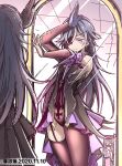  1girl absurdres blush bodystocking captain_(honkai_impact) cosplay eyebrows_visible_through_hair eyepatch fei_lio_mao fischl_(genshin_impact) fischl_(genshin_impact)_(cosplay) fishnets fu_hua garter_straps highres honkai_(series) honkai_impact_3rd leotard mirror reflection ringlets single_leg_pantyhose single_sleeve single_thighhigh solo thigh-highs 