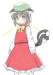  1girl absurdres animal_ear_fluff animal_ears bow bowtie brown_eyes brown_hair cat_ears cat_tail chen dress expressionless feet_out_of_frame gold_trim hat highres jewelry kibisake mob_cap multiple_tails nekomata red_dress short_hair simple_background single_earring solo tail touhou two_tails white_background yellow_neckwear 