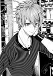  1boy amami_rantarou bangs bottle closed_mouth collarbone commentary_request dangan_ronpa_(series) dangan_ronpa_v3:_killing_harmony greyscale hair_between_eyes hand_in_hair hand_up jewelry long_sleeves looking_at_viewer male_focus monochrome necklace shirt signature solo striped striped_shirt tcb translation_request upper_body 