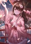  1girl absurdres bangs blush brown_hair cherry_blossoms flower frilled_kimono frills hair_flower hair_ornament highres huge_filesize japanese_clothes kimono long_hair looking_at_viewer oil-paper_umbrella original petals red_eyes sarin_(seoling) smile straight_hair umbrella yozakura_(senran_kagura) 